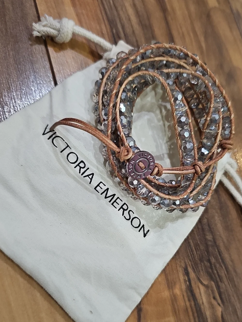 Victoria Emerson Taupe Crystal Multi-Wrap Bracelet with Tan Cord